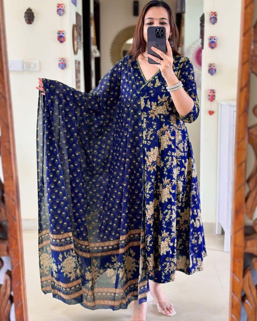 Blue Angrakha Style Anarkali Kurta Set with Dupatta