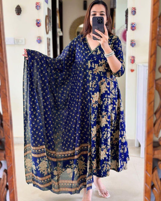 Blue Angrakha Style Anarkali Kurta Set with Dupatta