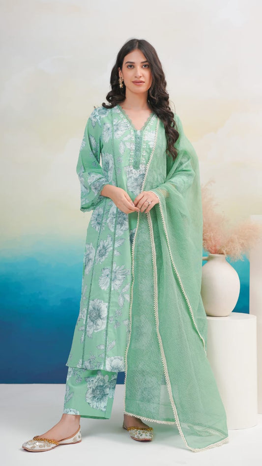 Women Cotton Printed Kurta ,Pant And Dupatta Set