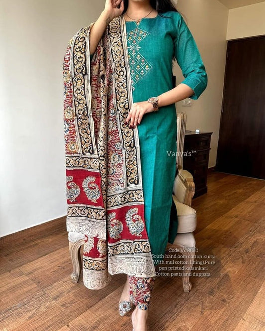 Pure Handloom South Cotton Hand Printed Chitrkari Dupatta And Pant