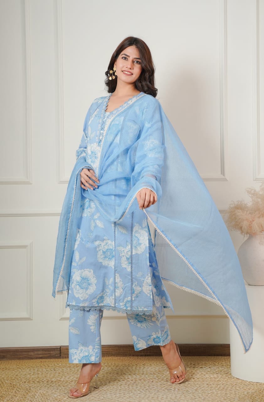 Women Cotton Printed Kurta ,Pant And Dupatta Set(SKY BLUE)