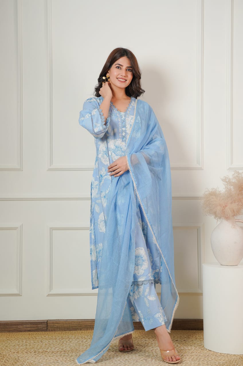 Women Cotton Printed Kurta ,Pant And Dupatta Set(SKY BLUE)