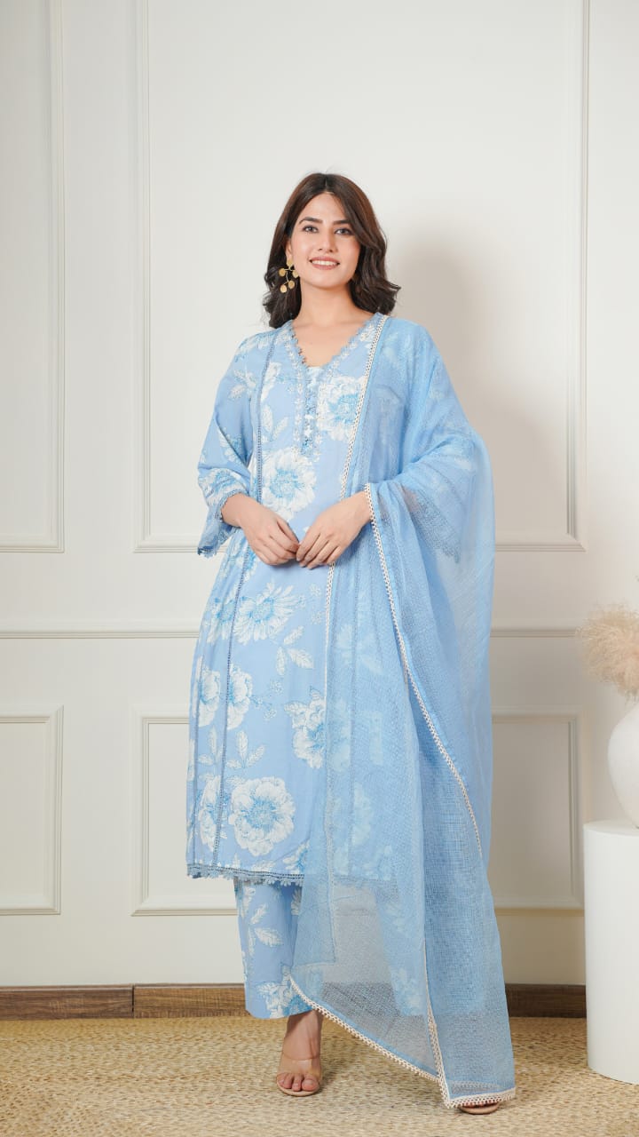 Women Cotton Printed Kurta ,Pant And Dupatta Set(SKY BLUE)