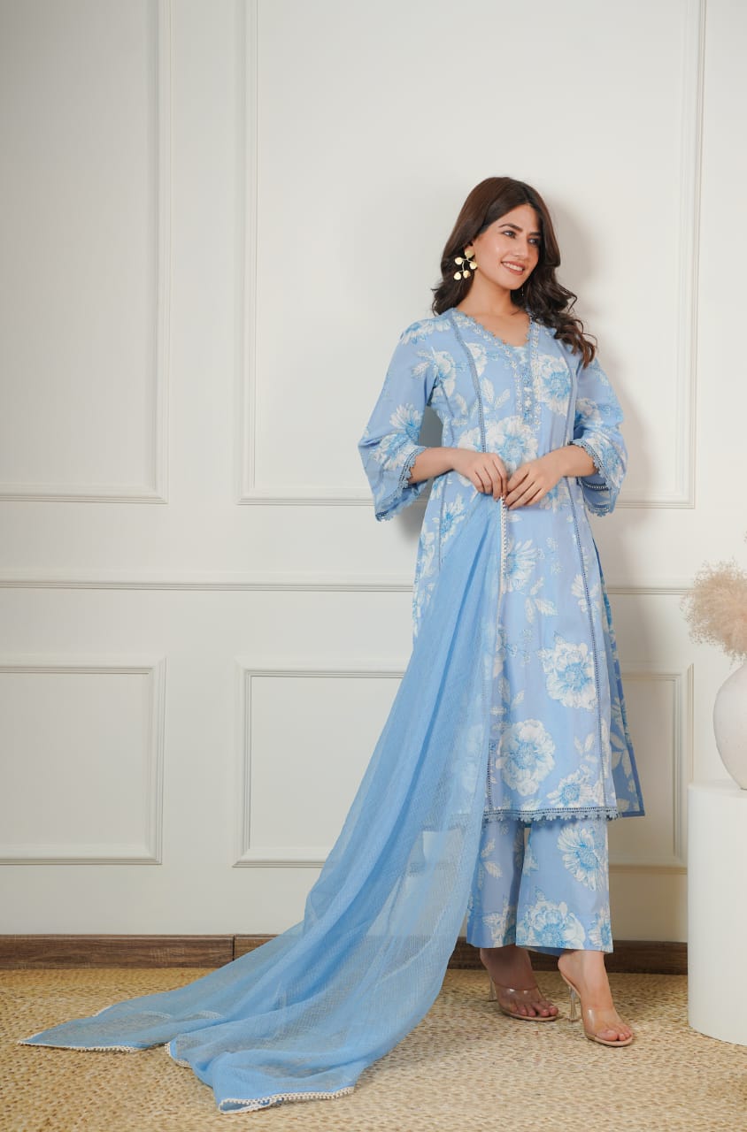 Women Cotton Printed Kurta ,Pant And Dupatta Set(SKY BLUE)