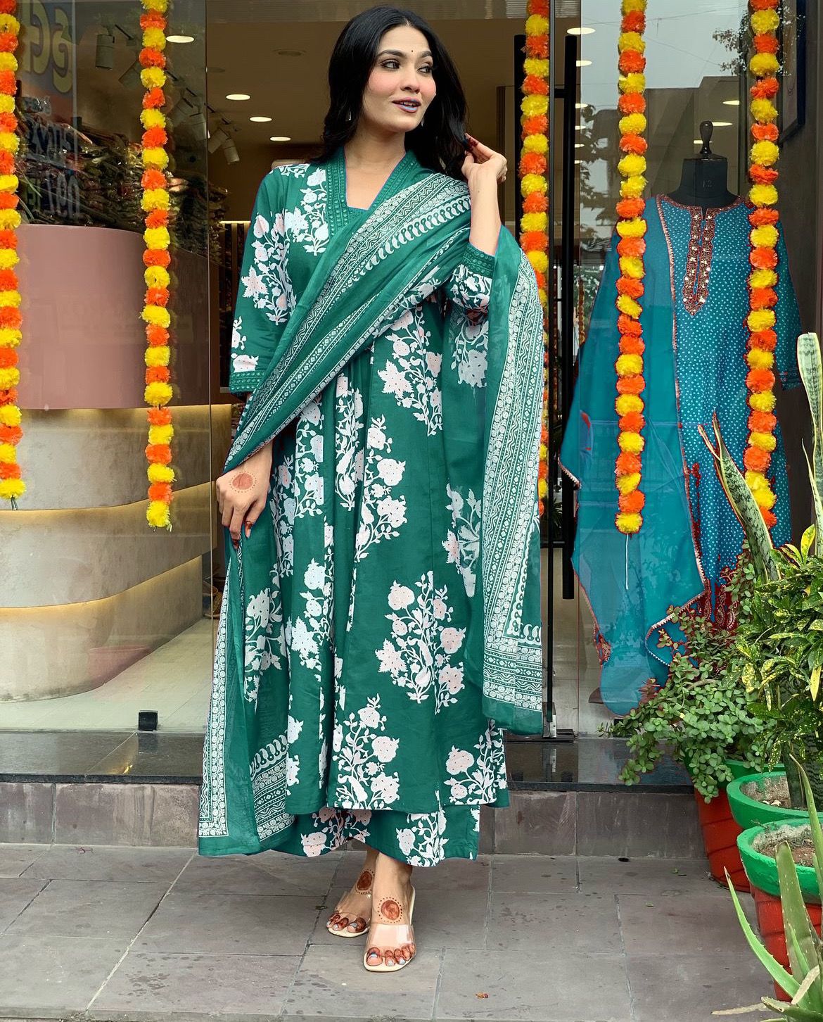 Royal Light Green Cotton Printed Kurta Pant Dupatta Set