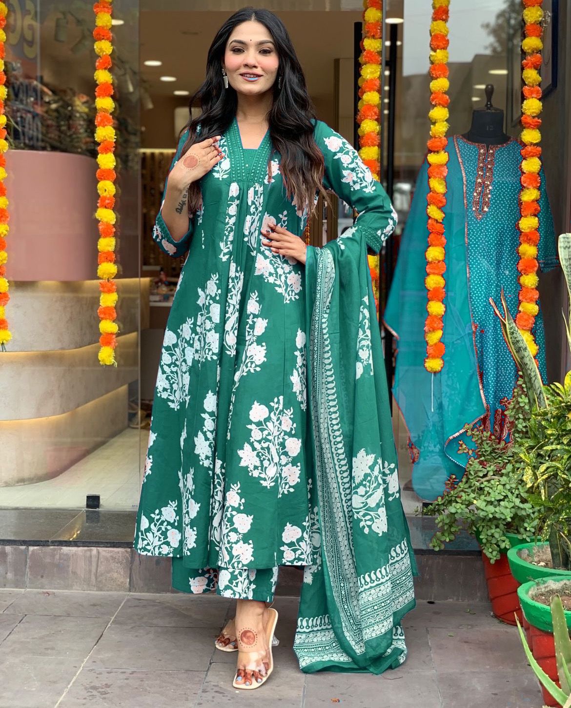 Royal Light Green Cotton Printed Kurta Pant Dupatta Set