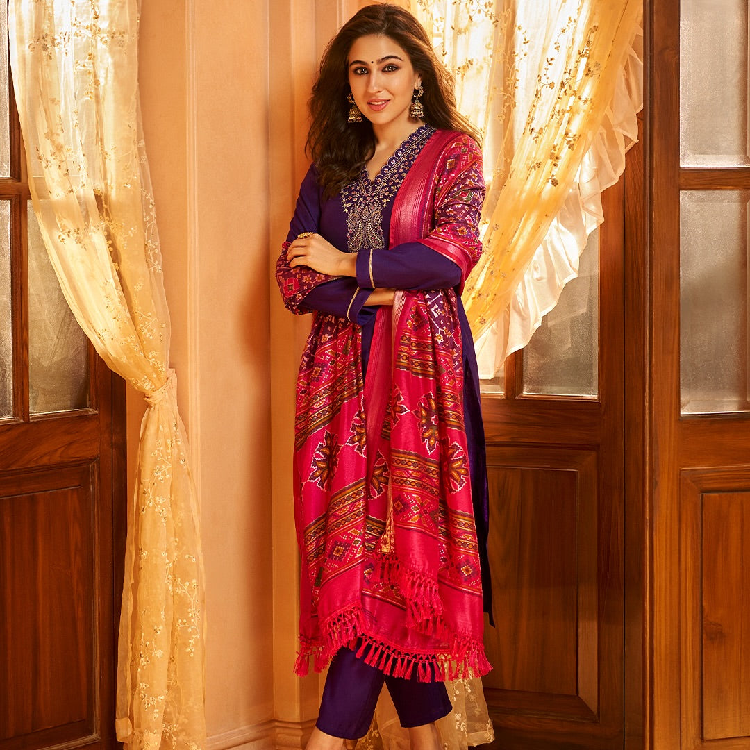 Saara Floral Yoke Design V-Neck Straight Kurta With Trousers & Dupatta