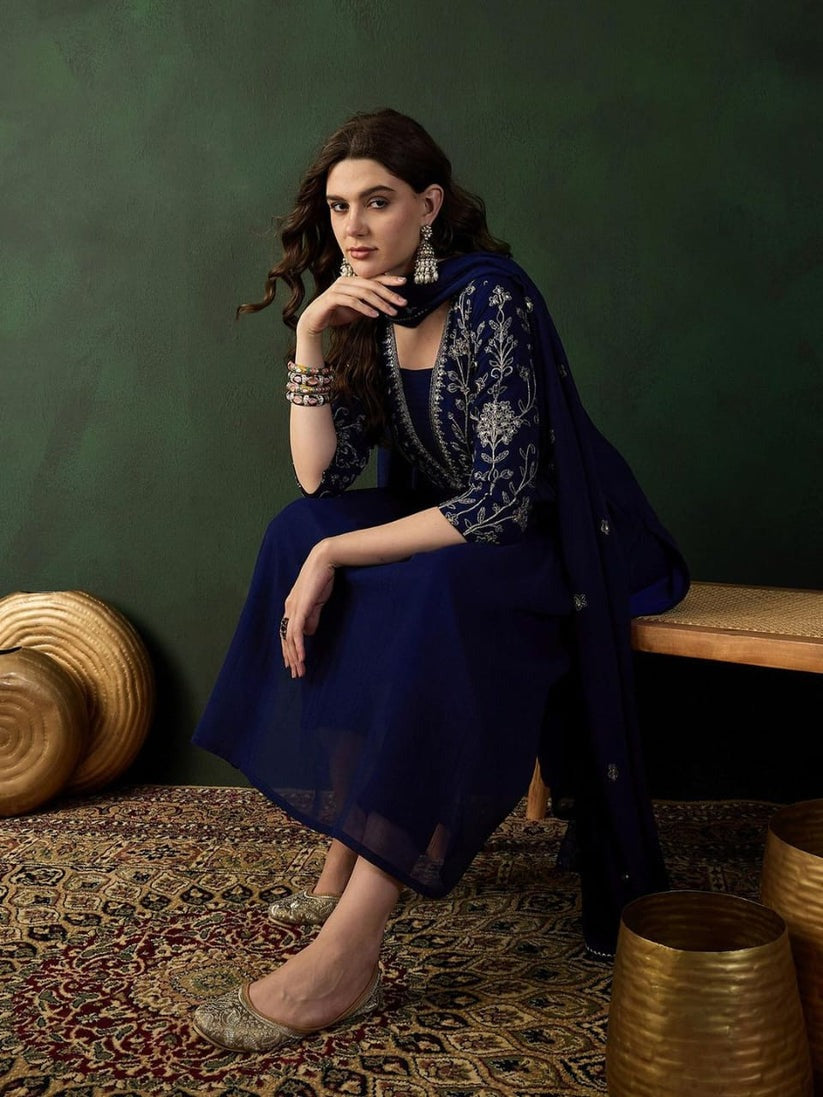 Navy Blue Ethnic Motifs Embroidered A-Line Kurta With Trouser & Dupatta