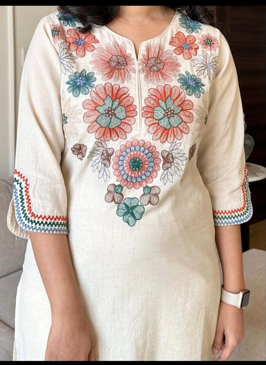 White Cotton A-Line Kurti With Pallazo Set For Women