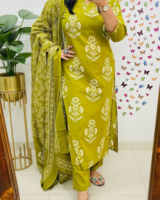 Yellow Designer Azrak Print Cotton Suit