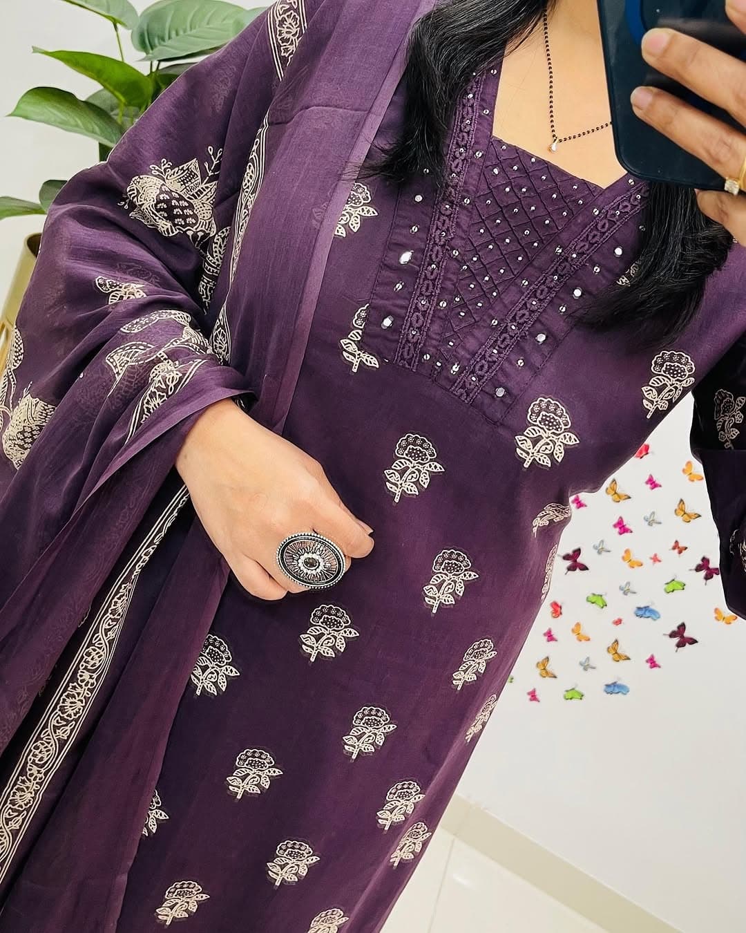 Purple Designer Handblock Print Kurti Pant and Dupatta Set