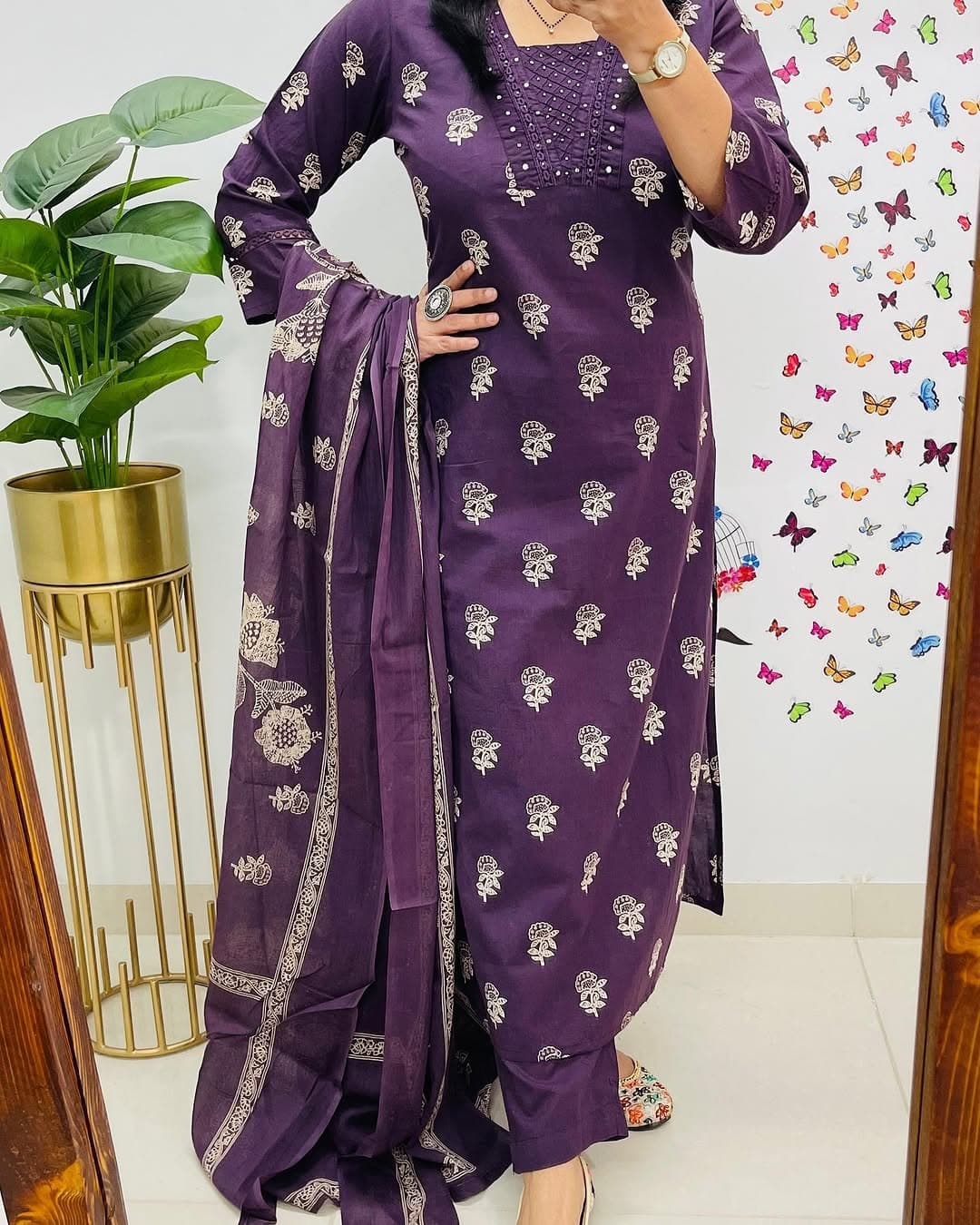 Purple Designer Handblock Print Kurti Pant and Dupatta Set