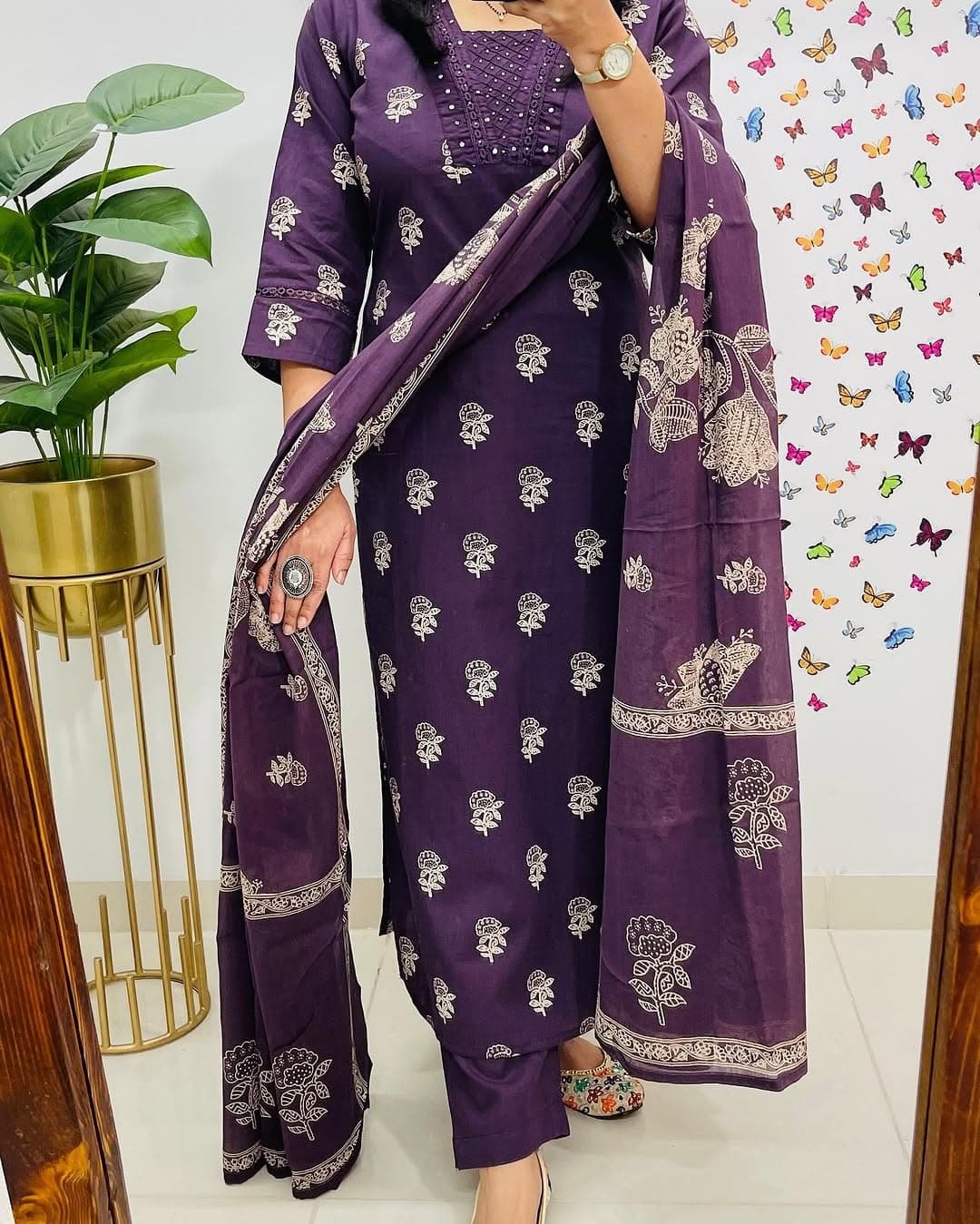 Purple Designer Handblock Print Kurti Pant and Dupatta Set