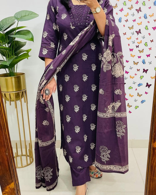 Purple Designer Handblock Print Kurti Pant and Dupatta Set