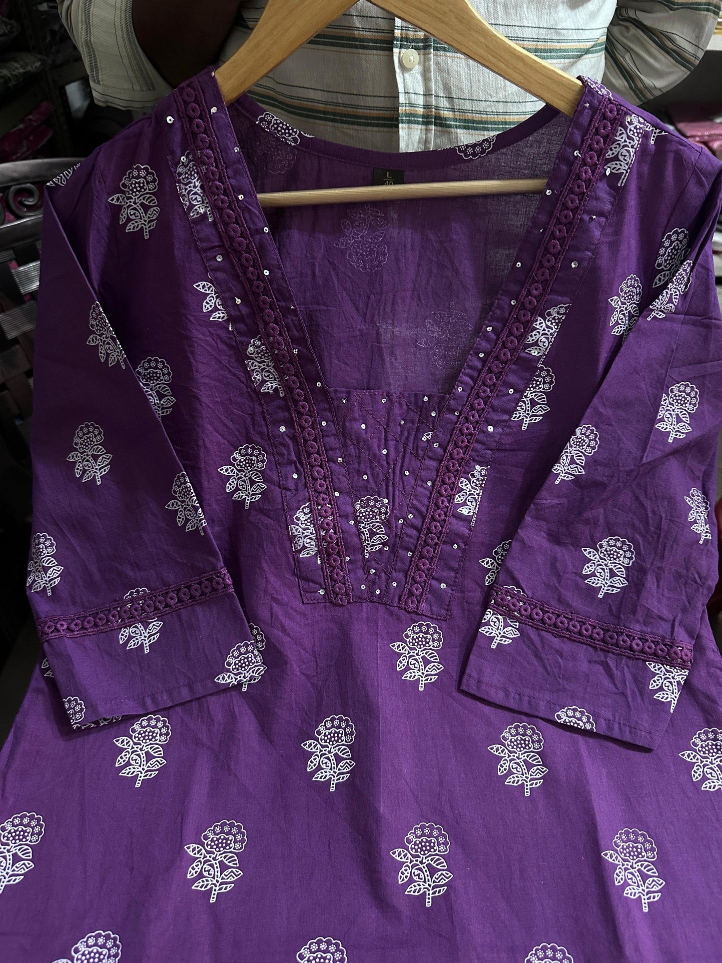 Purple Designer Handblock Print Kurti Pant and Dupatta Set