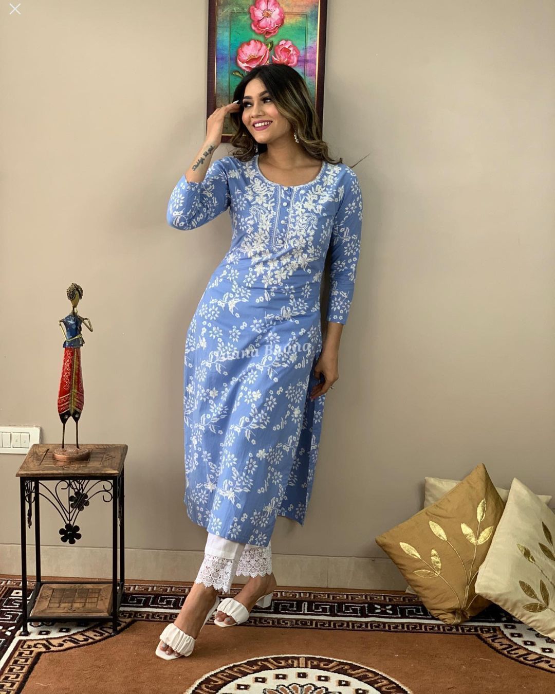 Sky Blue Chikankari Embroidered Kurti with Pant
