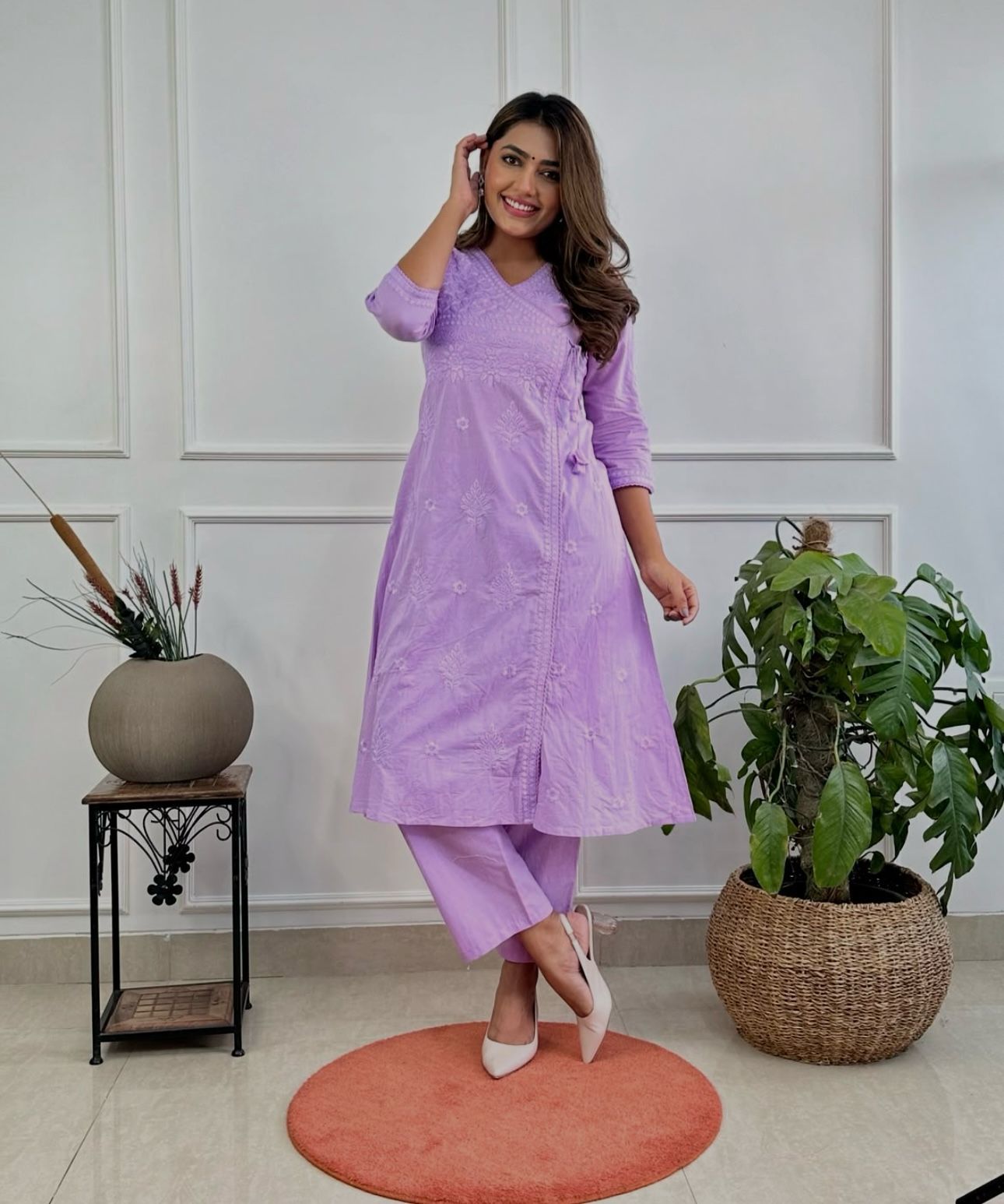 Pink Cotton Chikankari Angrakha Style Kurta and Pant Set