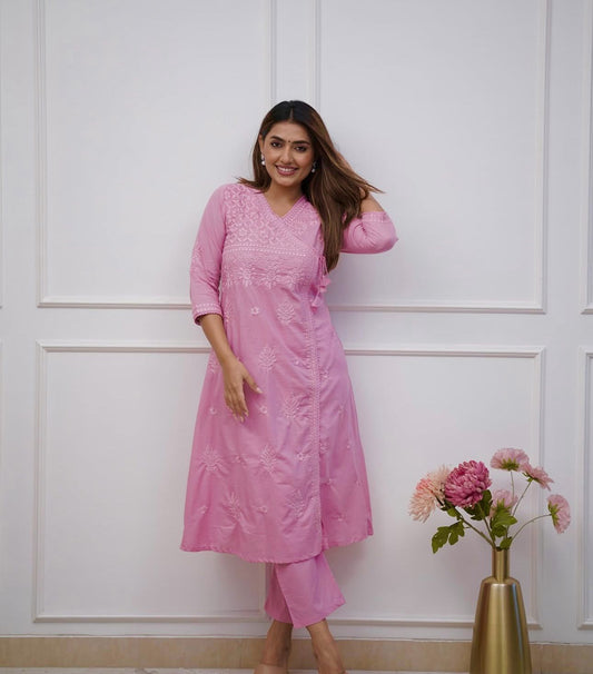 Pink Cotton Chikankari Angrakha Style Kurta and Pant Set