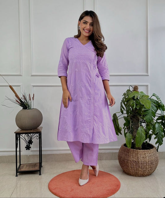 Pink Cotton Chikankari Angrakha Style Kurta and Pant Set