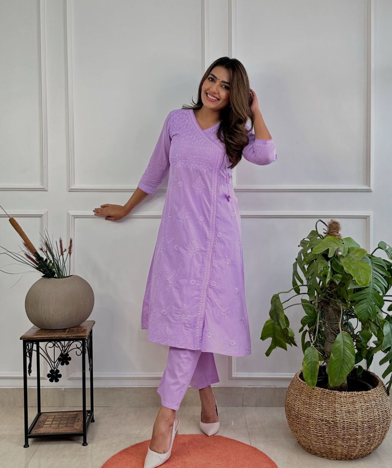 Pink Cotton Chikankari Angrakha Style Kurta and Pant Set