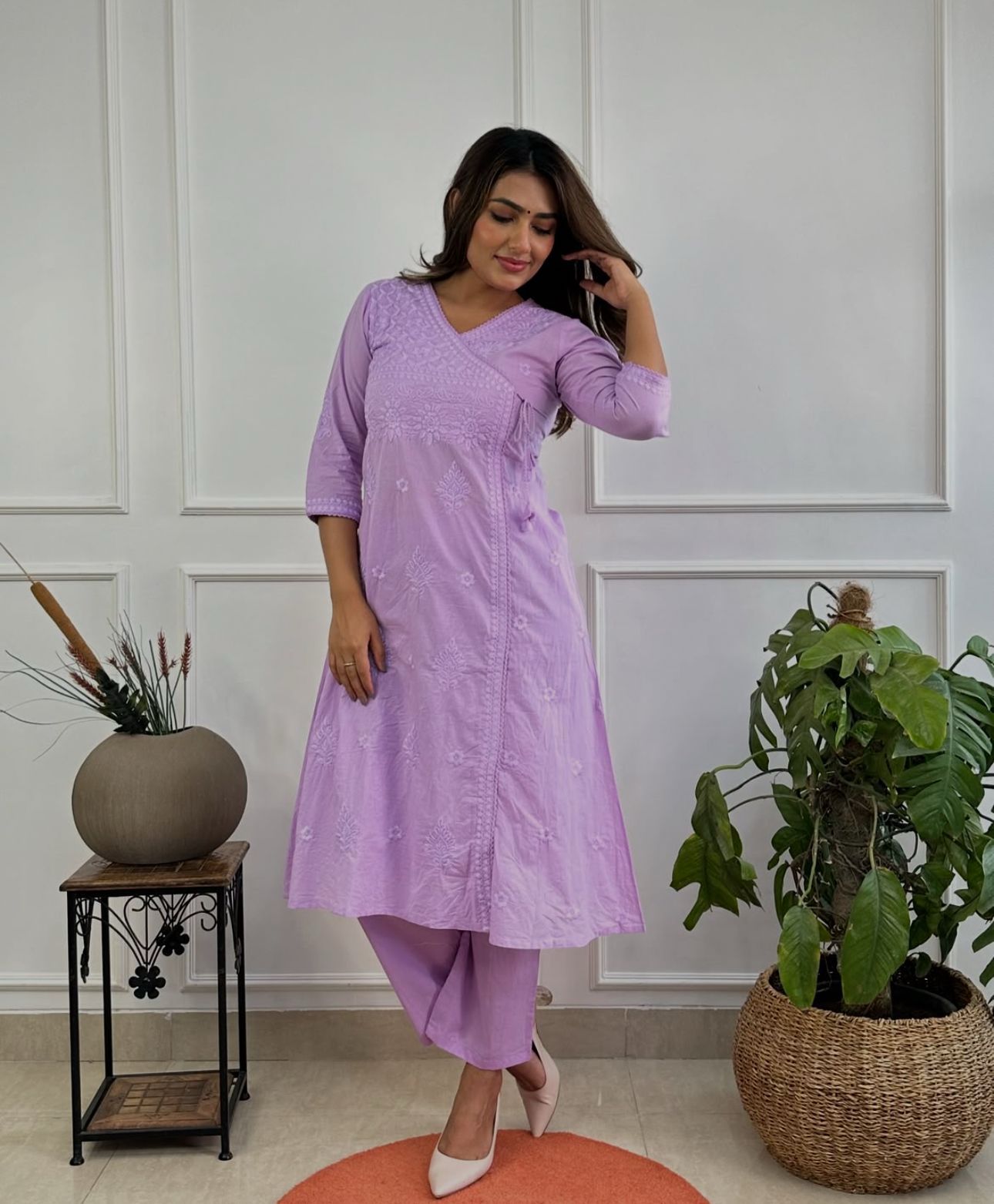 Pink Cotton Chikankari Angrakha Style Kurta and Pant Set