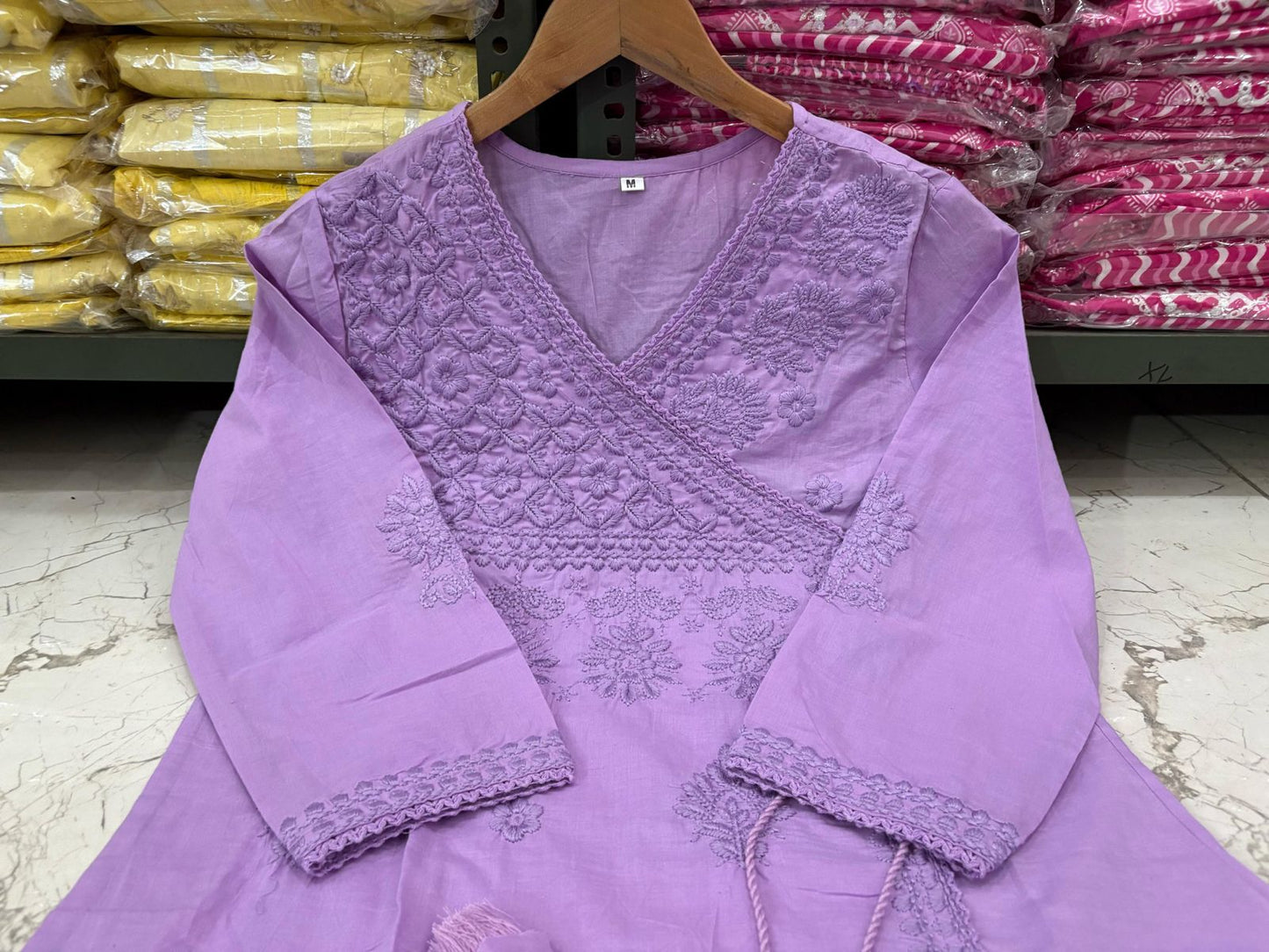 Pink Cotton Chikankari Angrakha Style Kurta and Pant Set