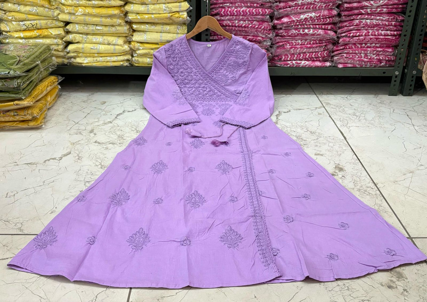 Pink Cotton Chikankari Angrakha Style Kurta and Pant Set