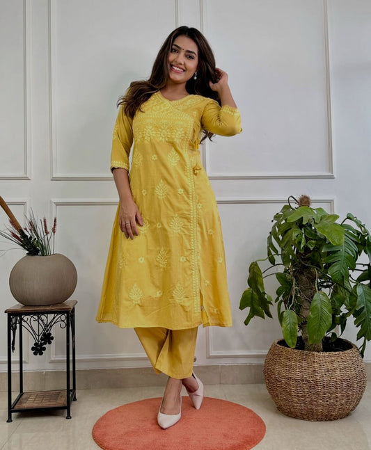 Yellow Cotton Chikankari Angrakha Style Kurta and Pant Set