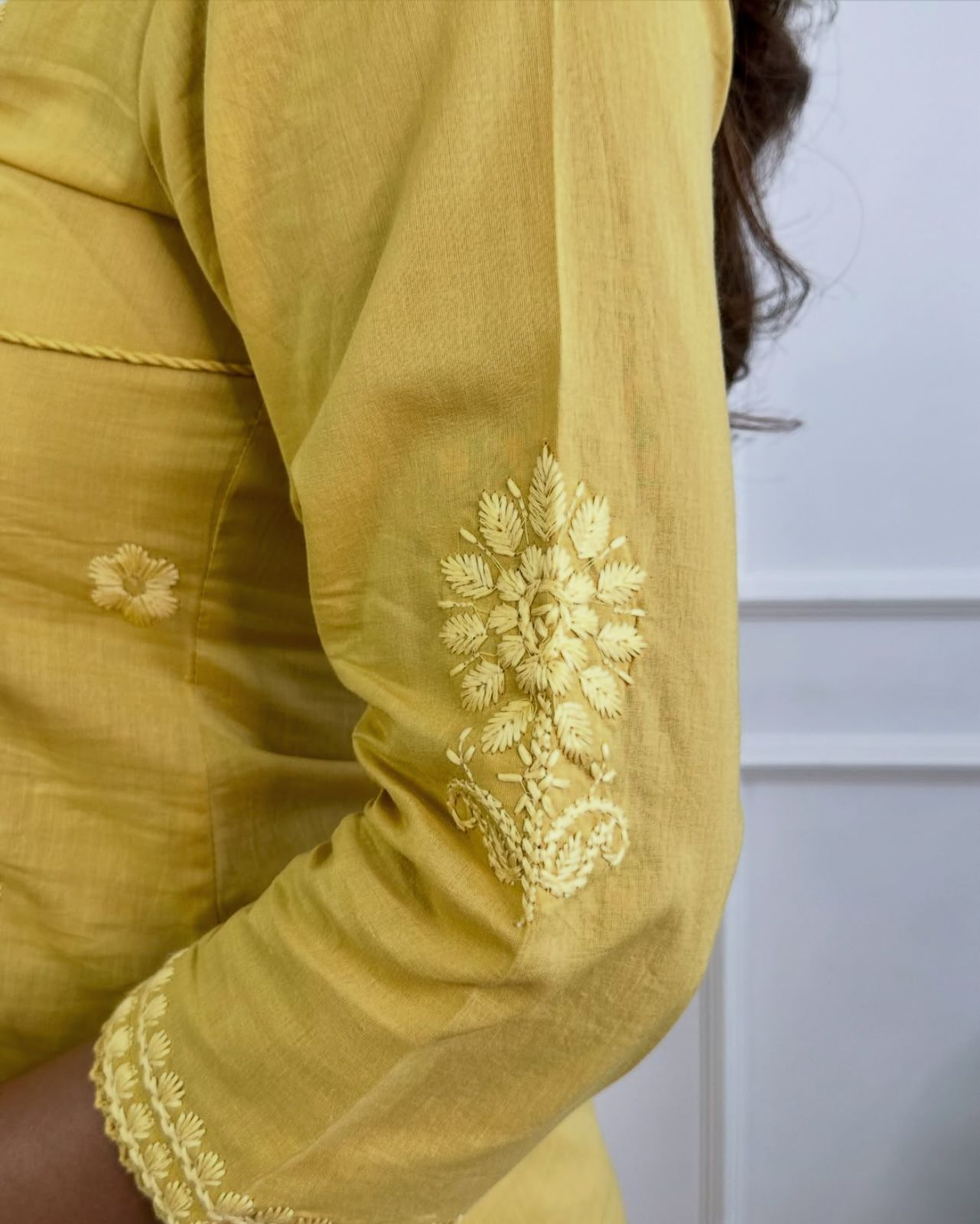 Yellow Cotton Chikankari Angrakha Style Kurta and Pant Set
