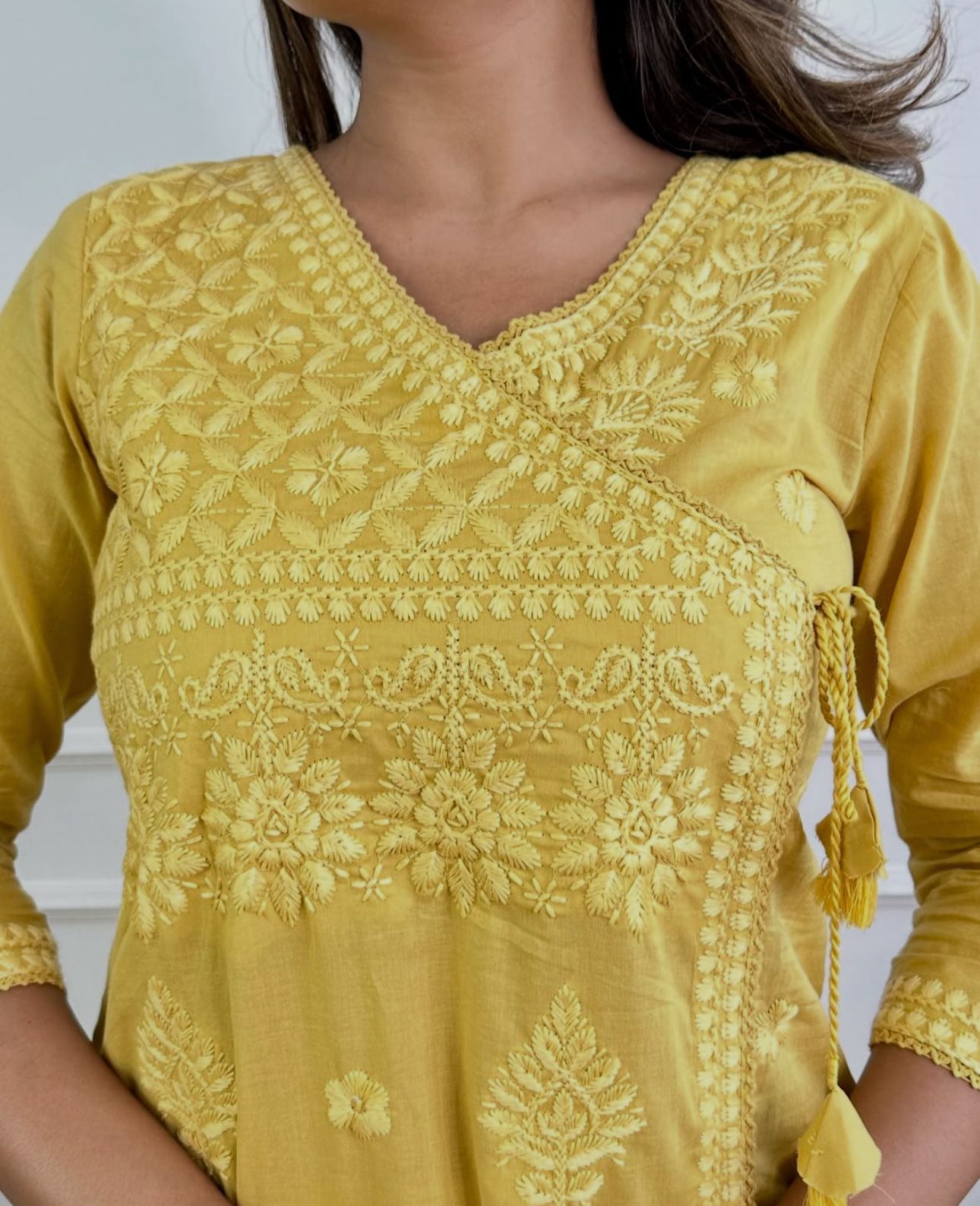 Yellow Cotton Chikankari Angrakha Style Kurta and Pant Set