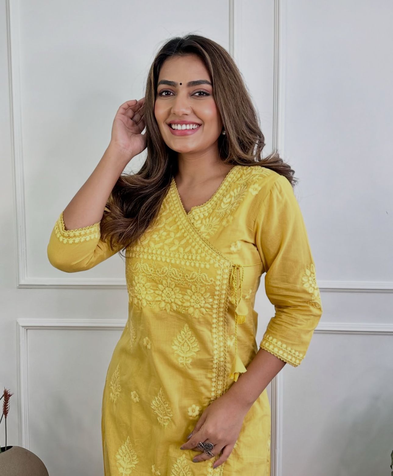 Yellow Cotton Chikankari Angrakha Style Kurta and Pant Set