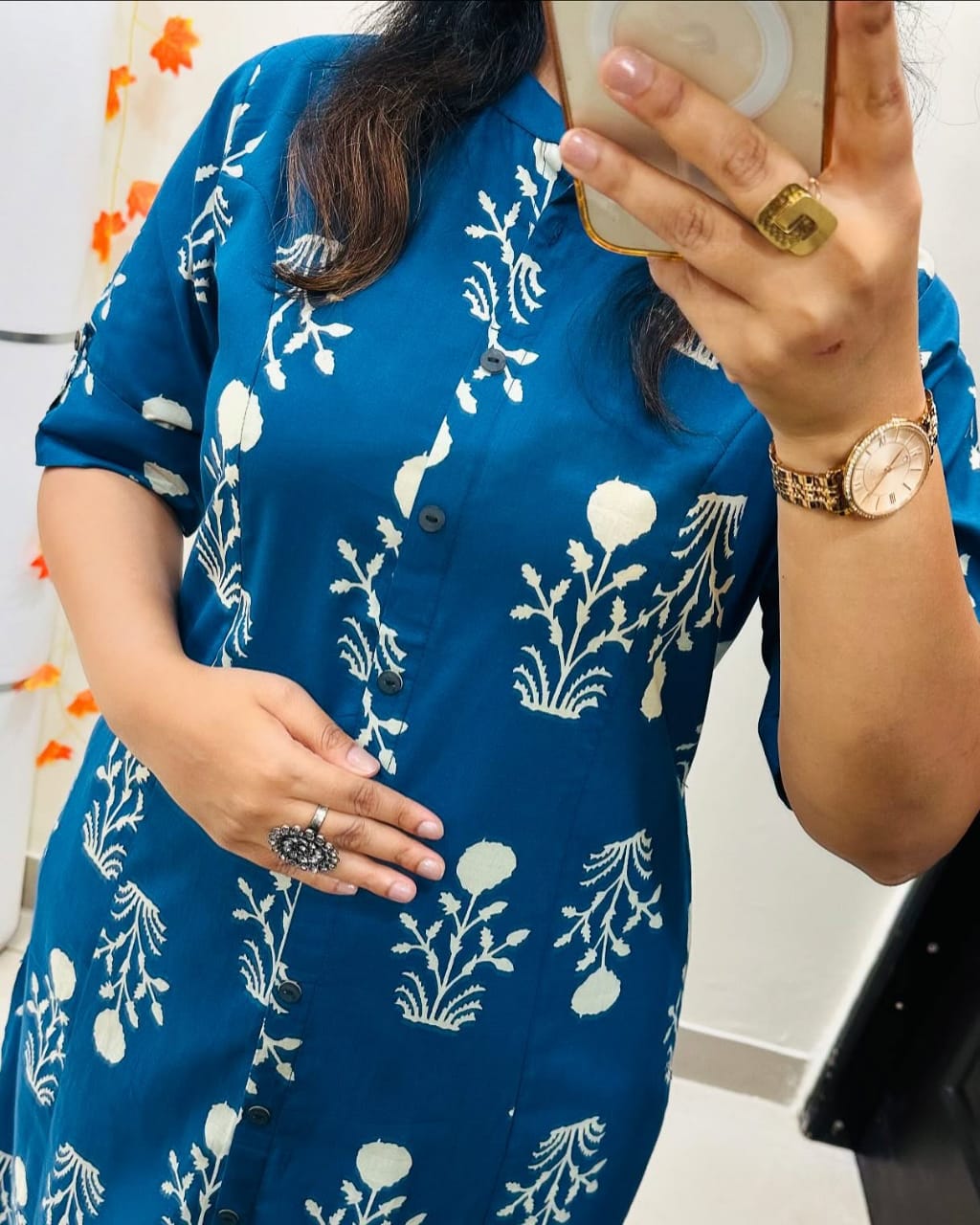 Sky Blue Cotton Printed A-line Kurti With Ankle Length Pant