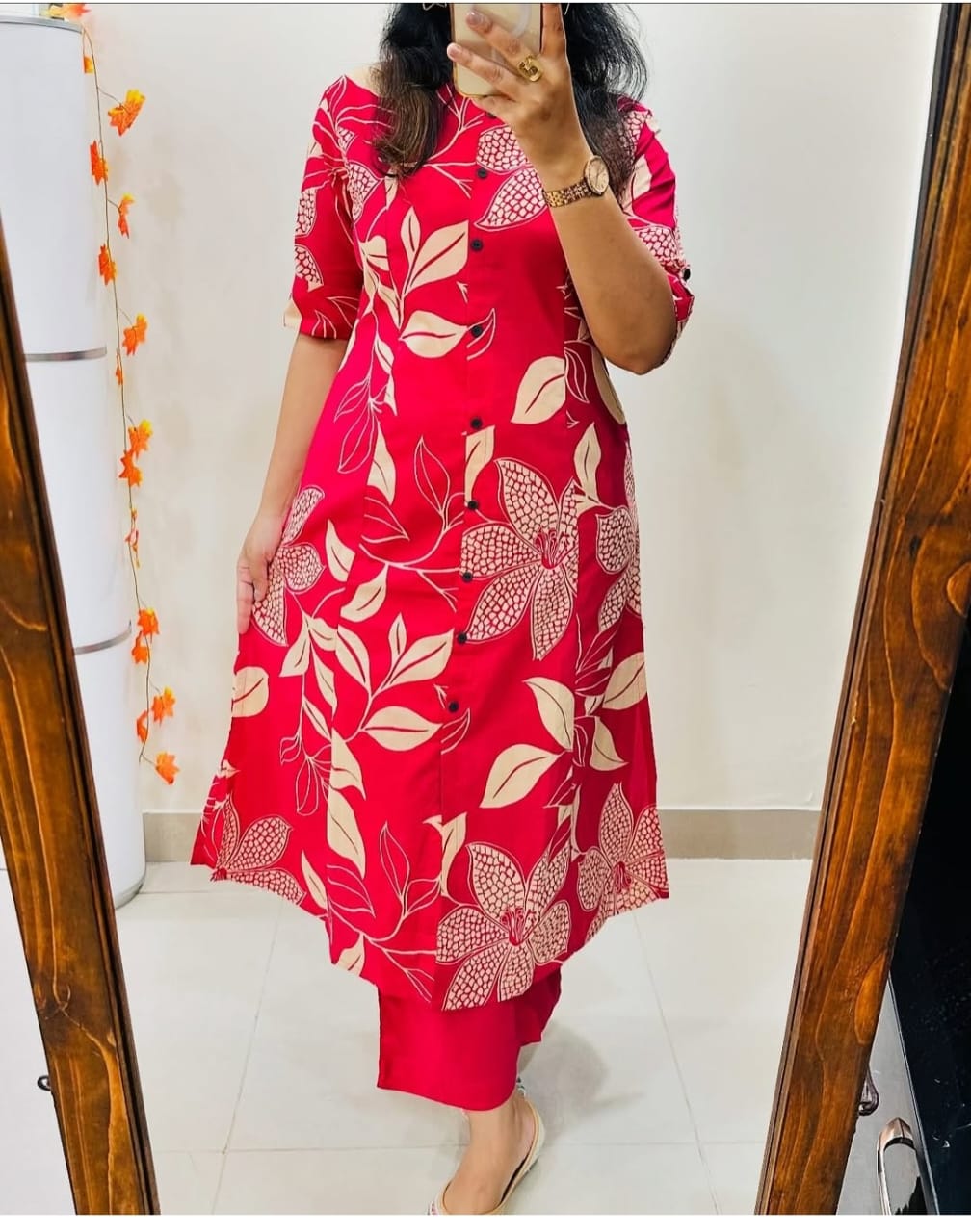 Red Floral Long Kurti with Pant