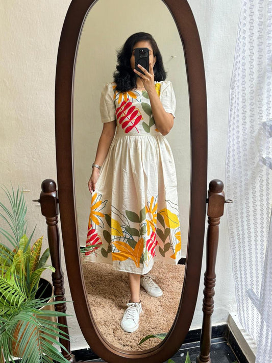 Cream Cotton Fit-and-Flare Dress with Bold Tropical Prints
