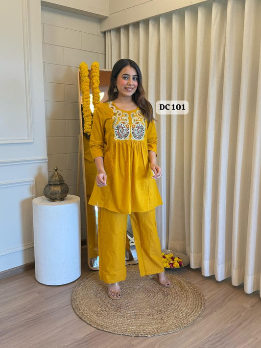 Yellow Pure Cotton Short Kurta and Palazzo Set