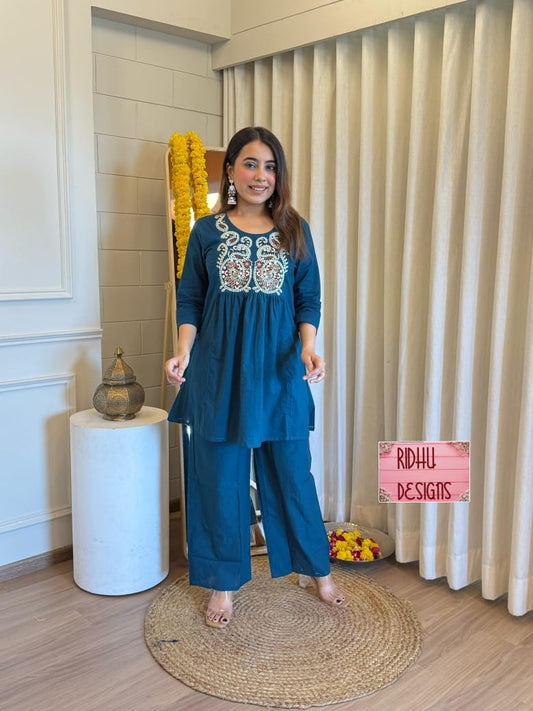 Blue Pure Cotton Short Kurta and Palazzo Set