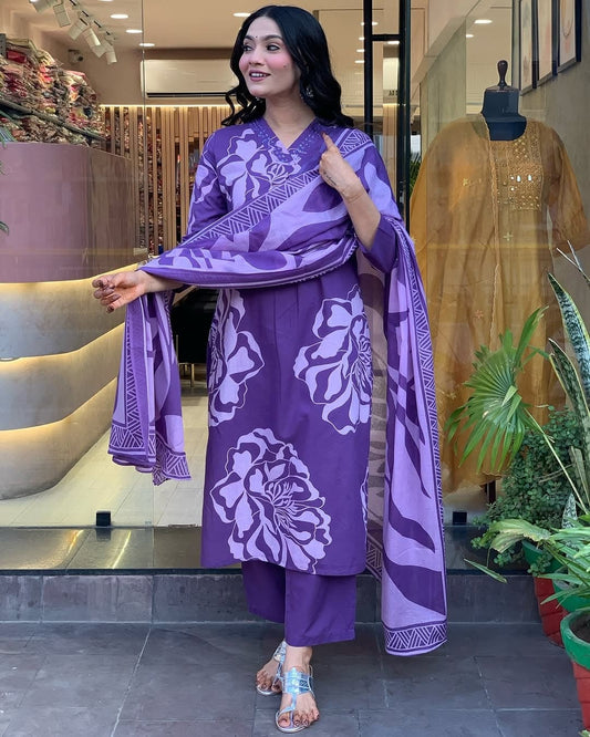 Purple Premium Mul Cotton Floral Dress