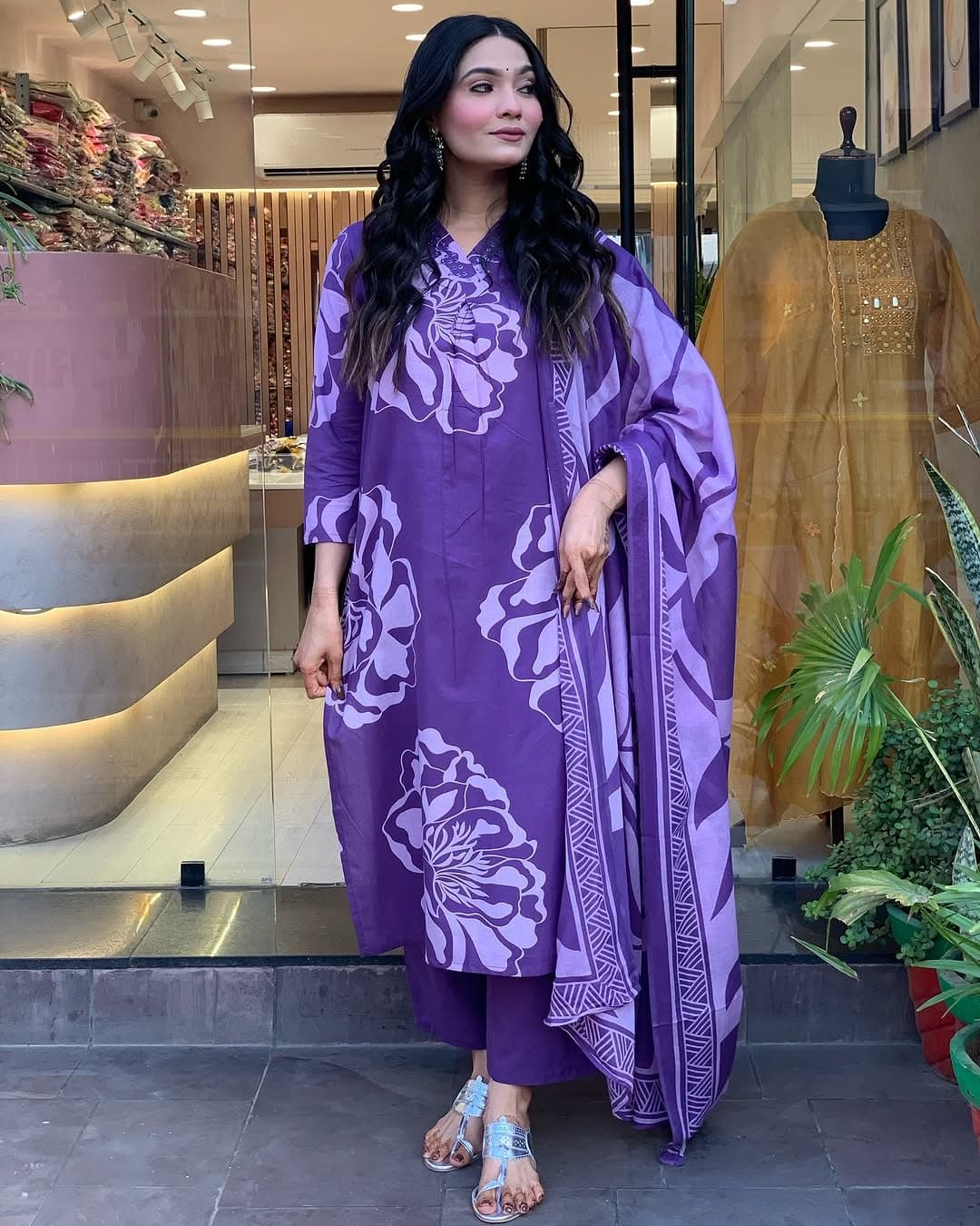 Purple Premium Mul Cotton Floral Dress