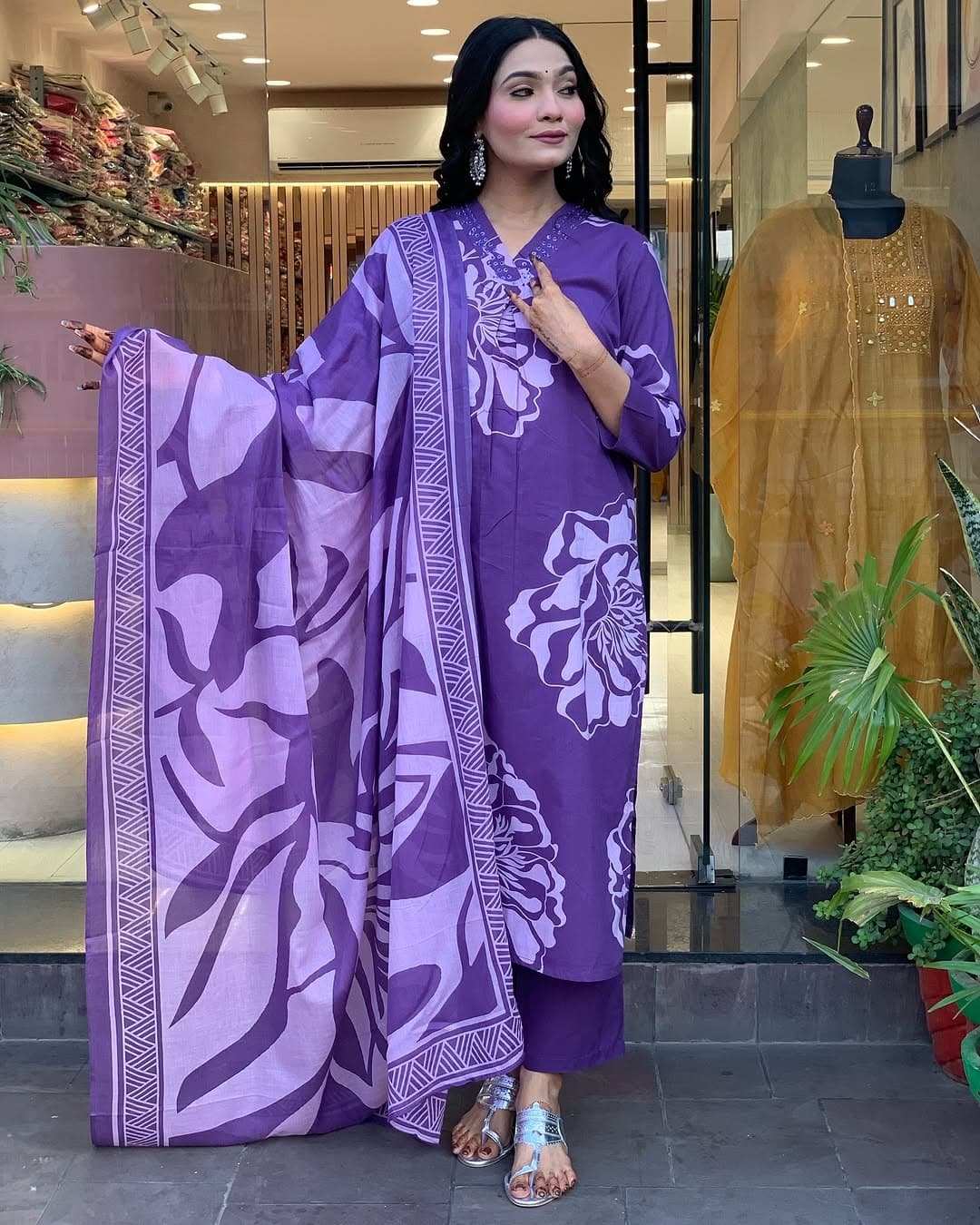 Purple Premium Mul Cotton Floral Dress