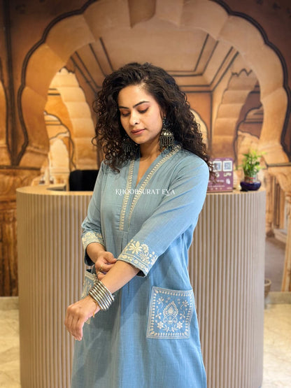 Sky Blue Beautiful Cotton Slub with Both Sides Pocket