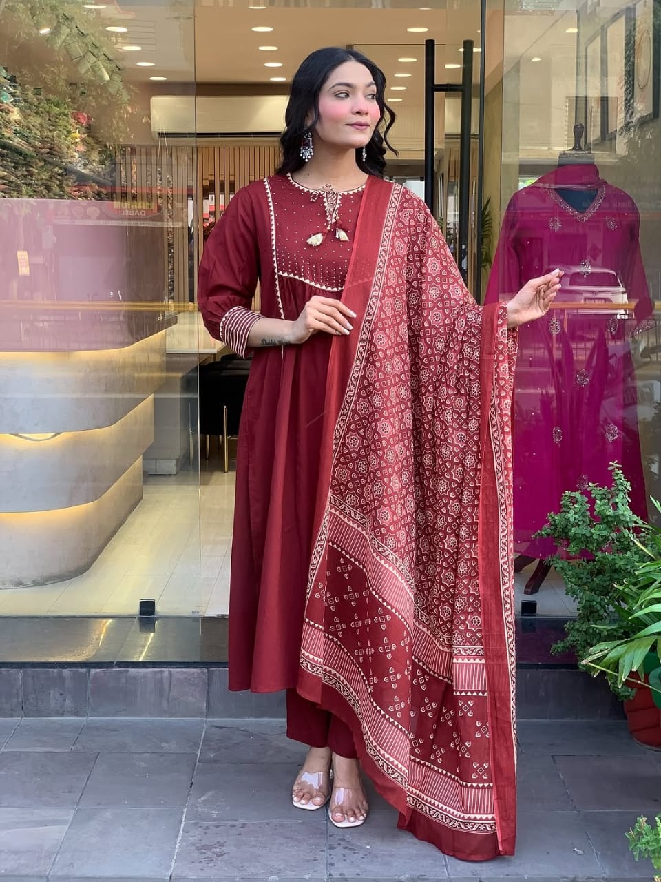 Marron Embroidery Work Kurta Pant and Dupatta Set