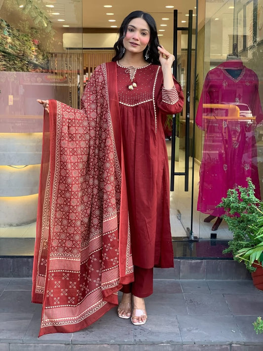 Marron Embroidery Work Kurta Pant and Dupatta Set