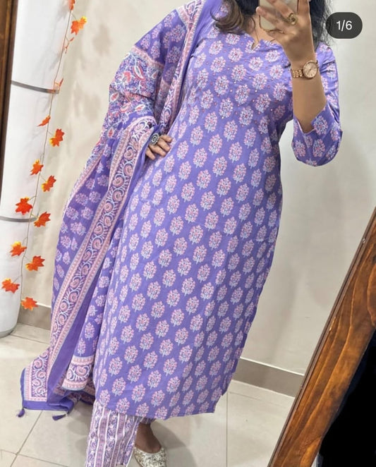 Purple Floral Print Straight Kurta Set