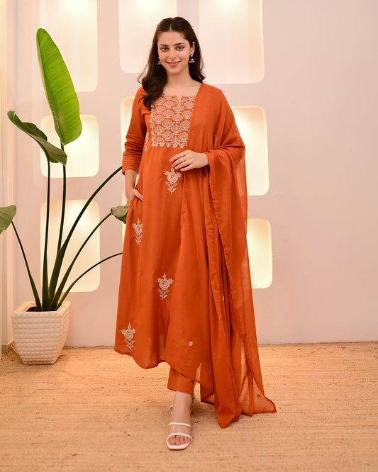 Mocha Brown Threadwork Cotton Suit