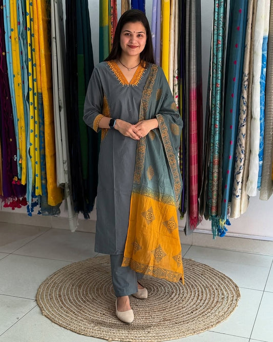 Pure Cotton Handwork Suit Set with Block-Printed Mul Dupatta