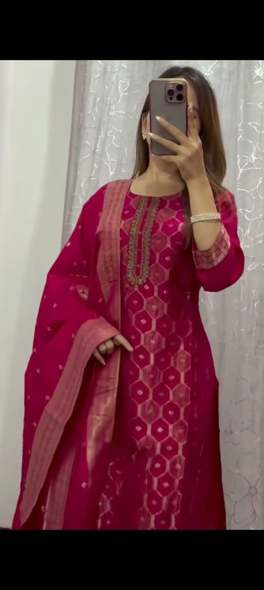 Royal Banarasi Jacquard Zari Suit Set (Top, Pant & Dupatta)