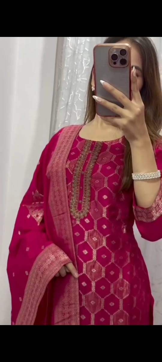 Royal Banarasi Jacquard Zari Suit Set (Top, Pant & Dupatta)