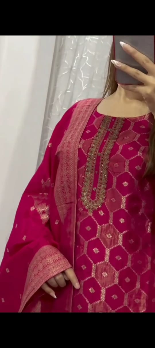Royal Banarasi Jacquard Zari Suit Set (Top, Pant & Dupatta)