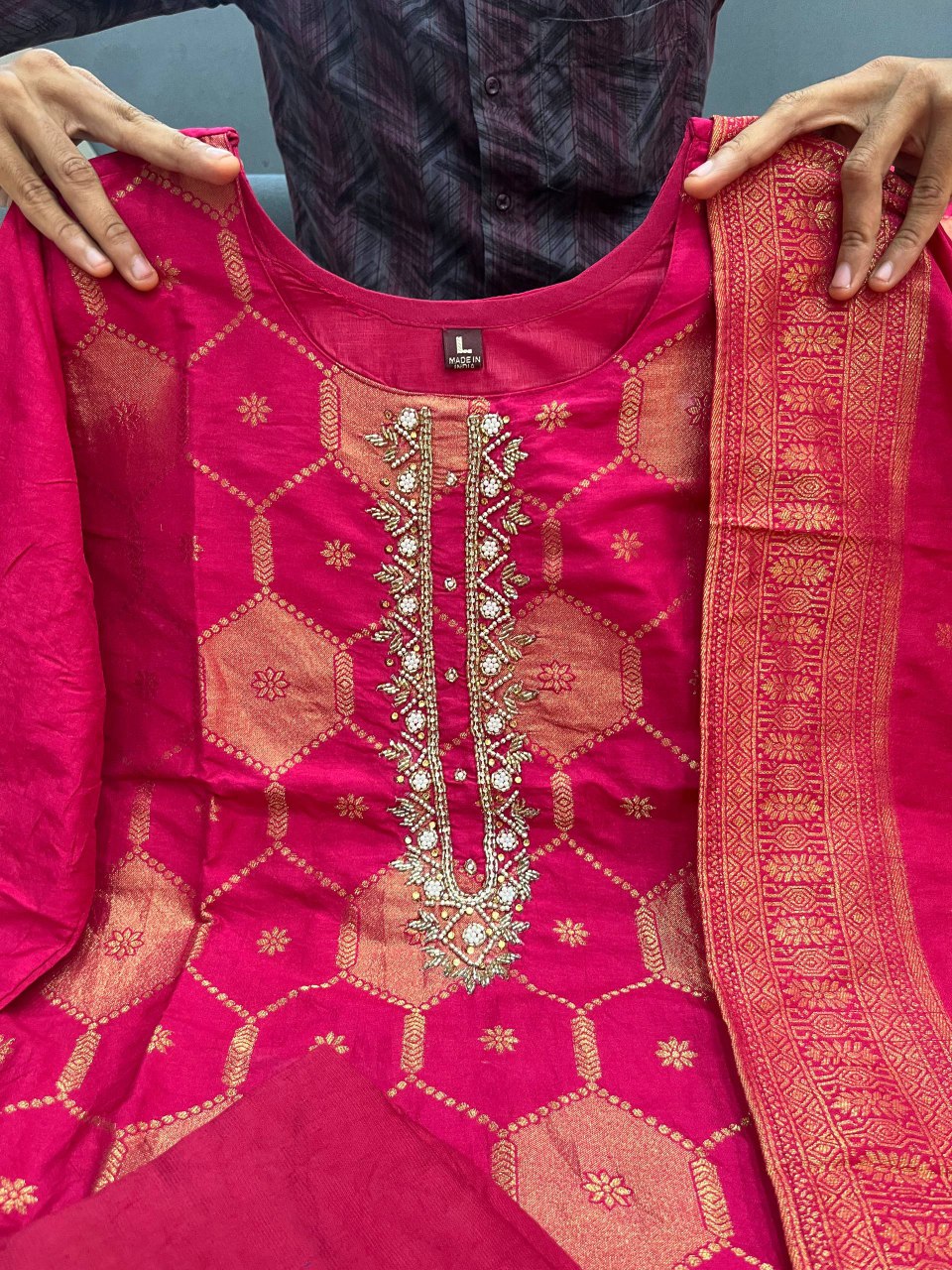 Royal Banarasi Jacquard Zari Suit Set (Top, Pant & Dupatta)