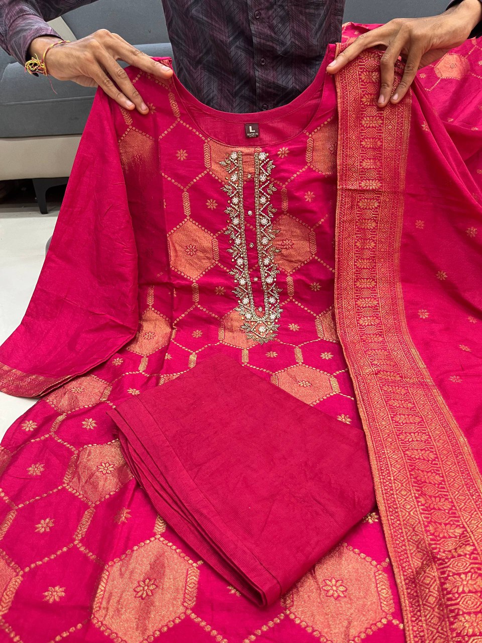 Royal Banarasi Jacquard Zari Suit Set (Top, Pant & Dupatta)